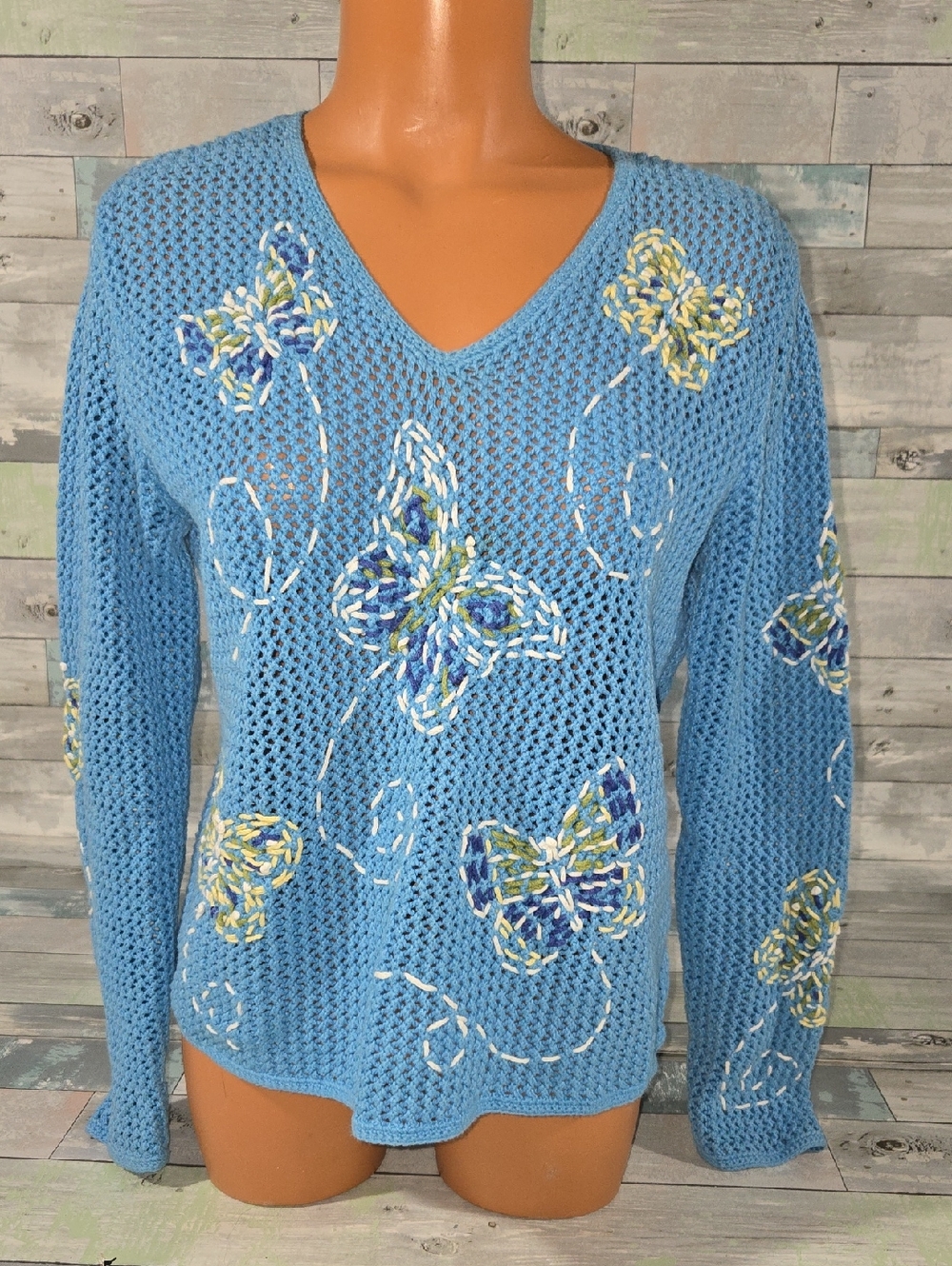 TimberLea Light Blue Knit Crocher Butterfly Sweater Sz Medium
